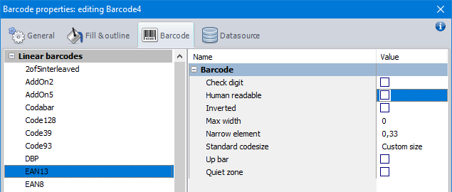 Barcode properties 